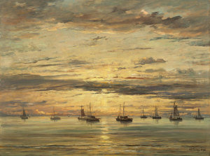 Hendrik Willem Mesdag - Sunset at Scheveningen: A Fleet of Fishing Vessels at Anchor, 1894