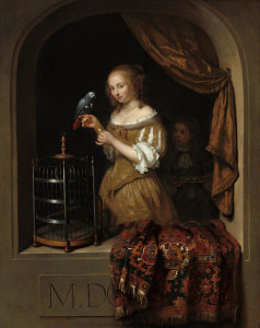 Caspar Netscher - A Woman Feeding a Parrot, with a Page, 1666