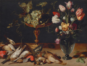 Frans Snyders - Still Life with Flowers, Grapes, and Small Game Birds, c. 1615